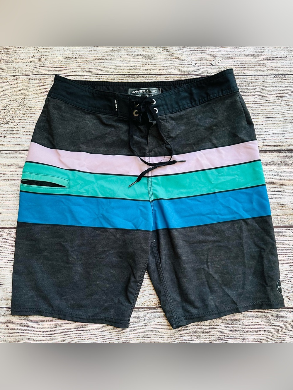 O’Neill Hyperfreak Black Blue Striped Swim Trunks Board Shorts Men’s Sz 29